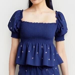 Hill house Jewel Navy Rhinestone Blouse Top Sz S